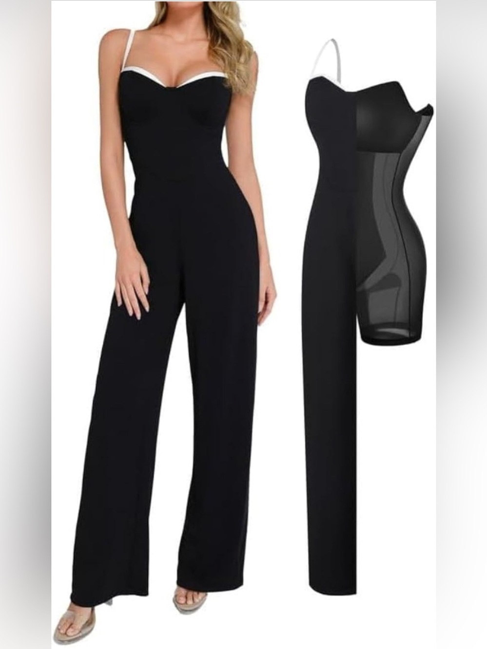 NWT Popilush Built-In Shapewear Contrast Trim Formal Wide-Leg Dressy Jumpsuit